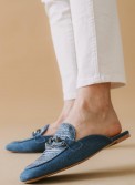 Flat mules με ψάθα και διακοσμητική αλυσίδα 330.F352-L