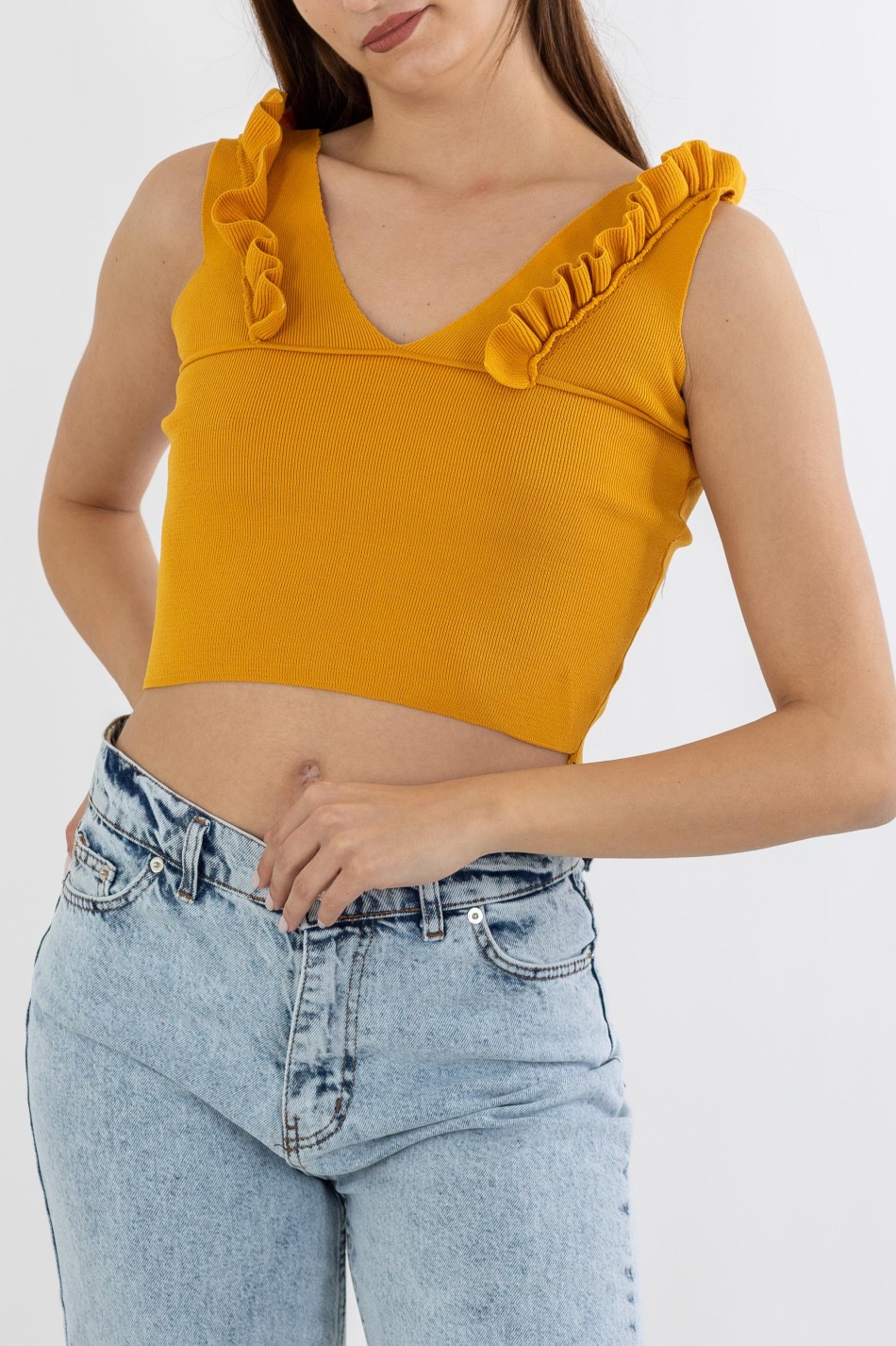 V-Cut Crop Top με Βολάν 402.0845-TOP ΚΙΤΡΙΝΟ