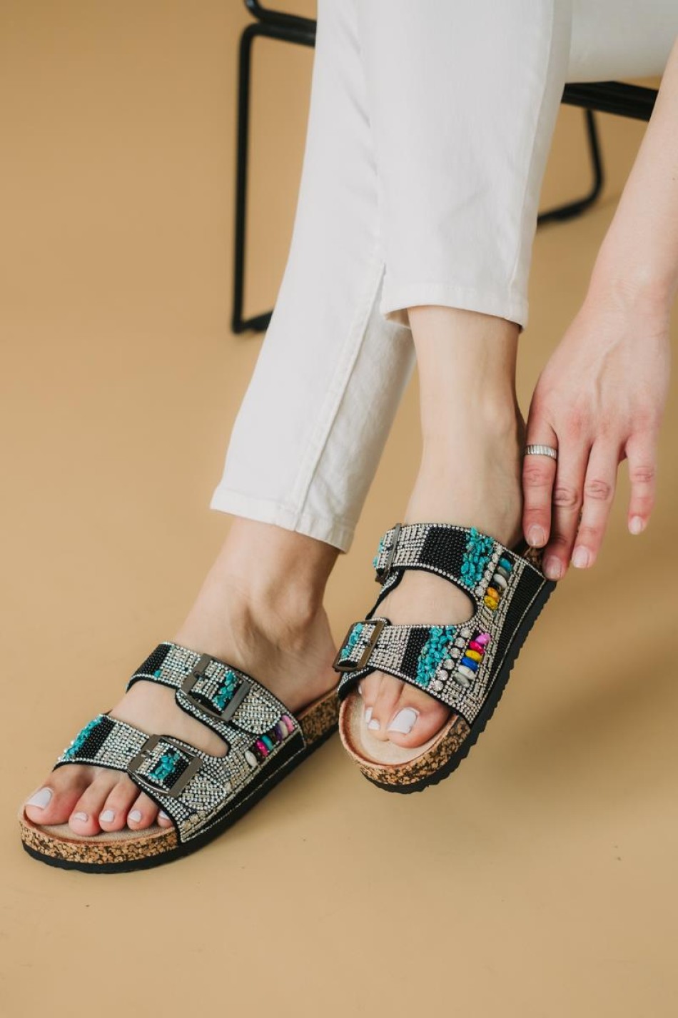 Boho style fussbett flatforms με δυο φάσες 330.TZ693-F ΜΑΥΡΟ