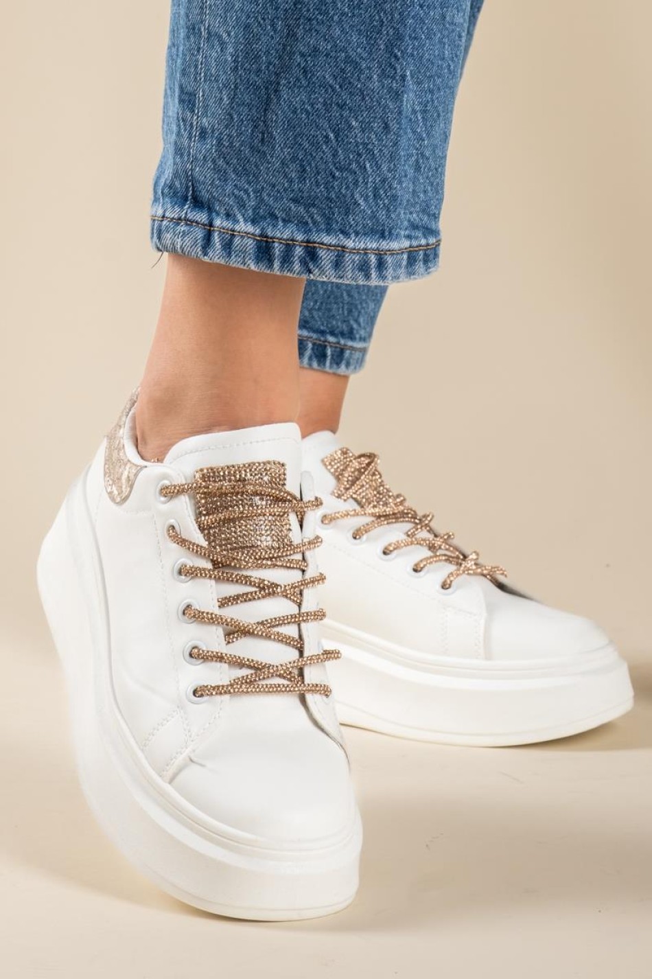 Δίσολα tennis sneakers με κορδόνια με στρας 431.LY681-L ΑΣΠΡΟ/CHAMPAGNE