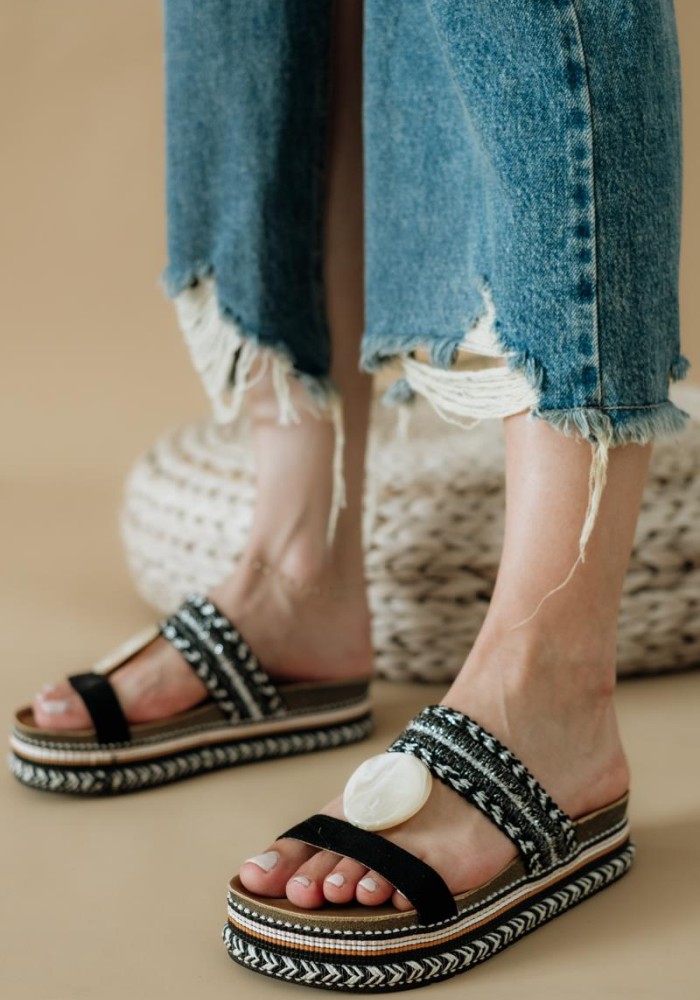 Boho style fussbett flatforms με διακοσμητικό 431.D0060-C ΜΑΥΡΟ