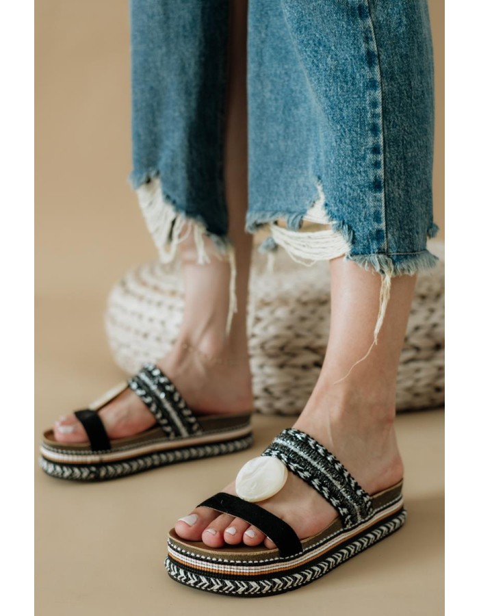 Boho style fussbett flatforms με διακοσμητικό 431.D0060-C ΜΑΥΡΟ