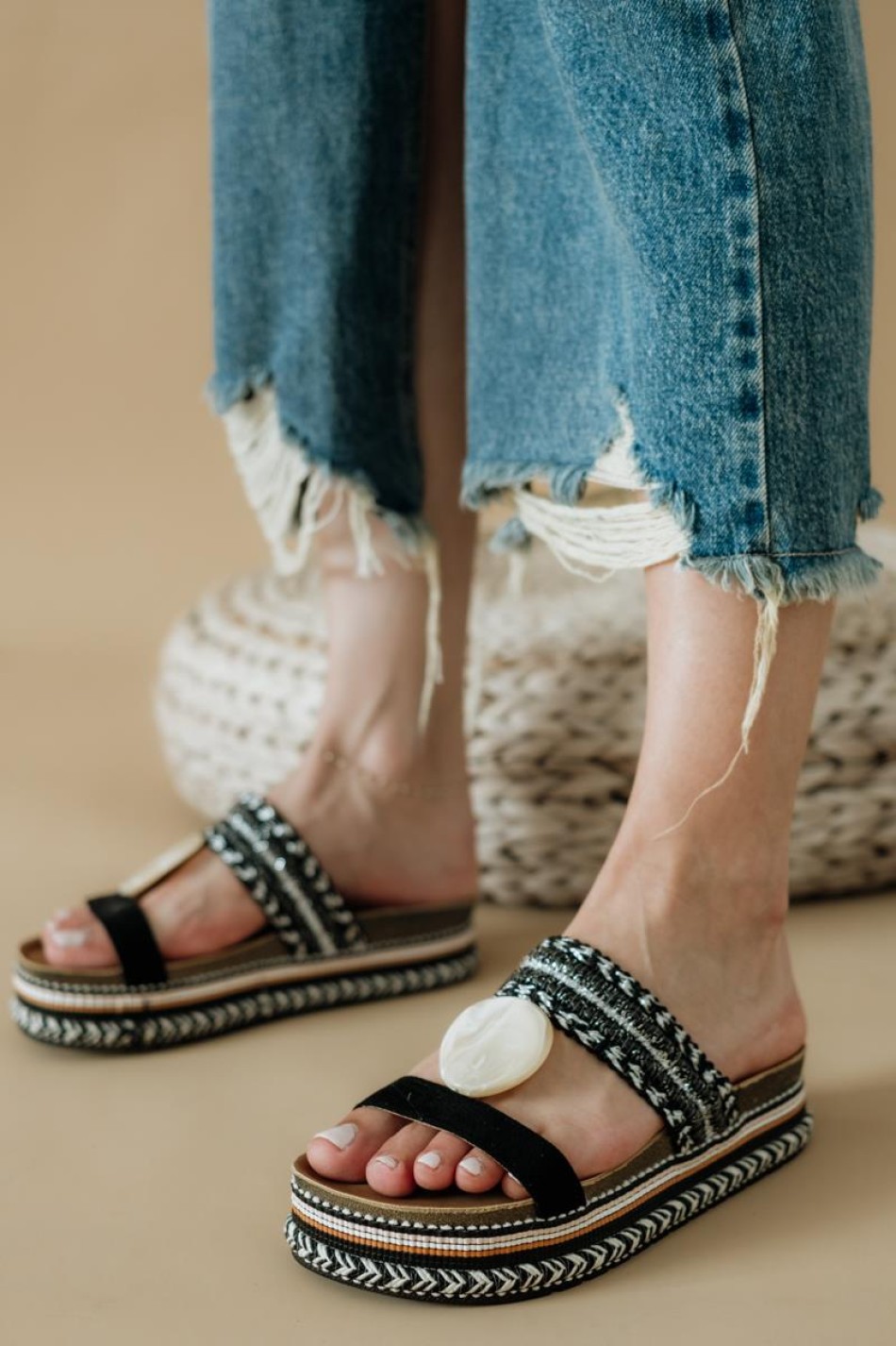 Boho style fussbett flatforms με διακοσμητικό 431.D0060-C ΜΑΥΡΟ