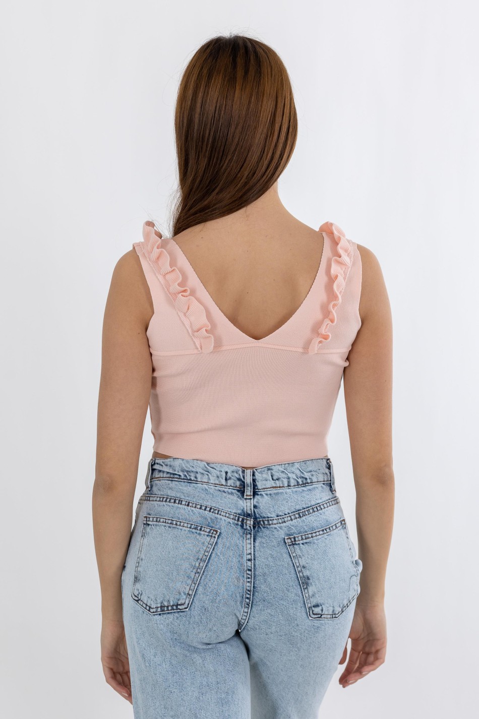 V-Cut Crop Top με Βολάν 402.0845-TOP ΡΟΖ