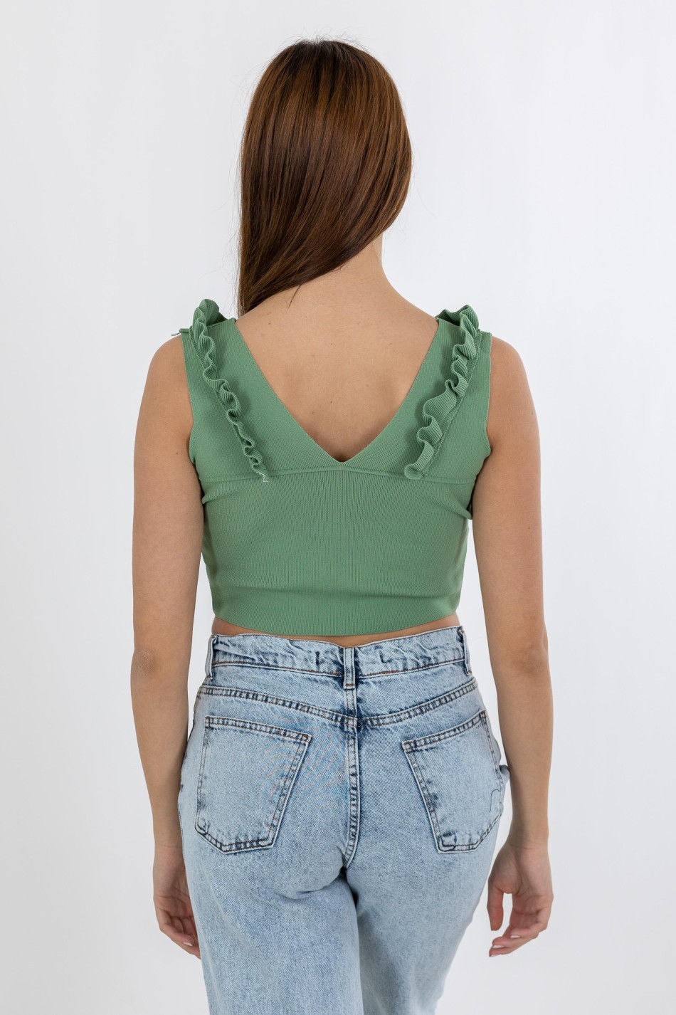 V-Cut Crop Top με Βολάν 402.0845-TOP ΠΡΑΣΙΝΟ