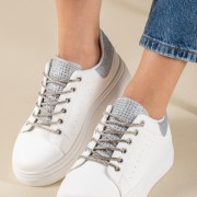 Δίσολα tennis sneakers με κορδόνια με στρας 431.OX23367-L ΑΣΠΡΟ/ΑΣΗΜΙ