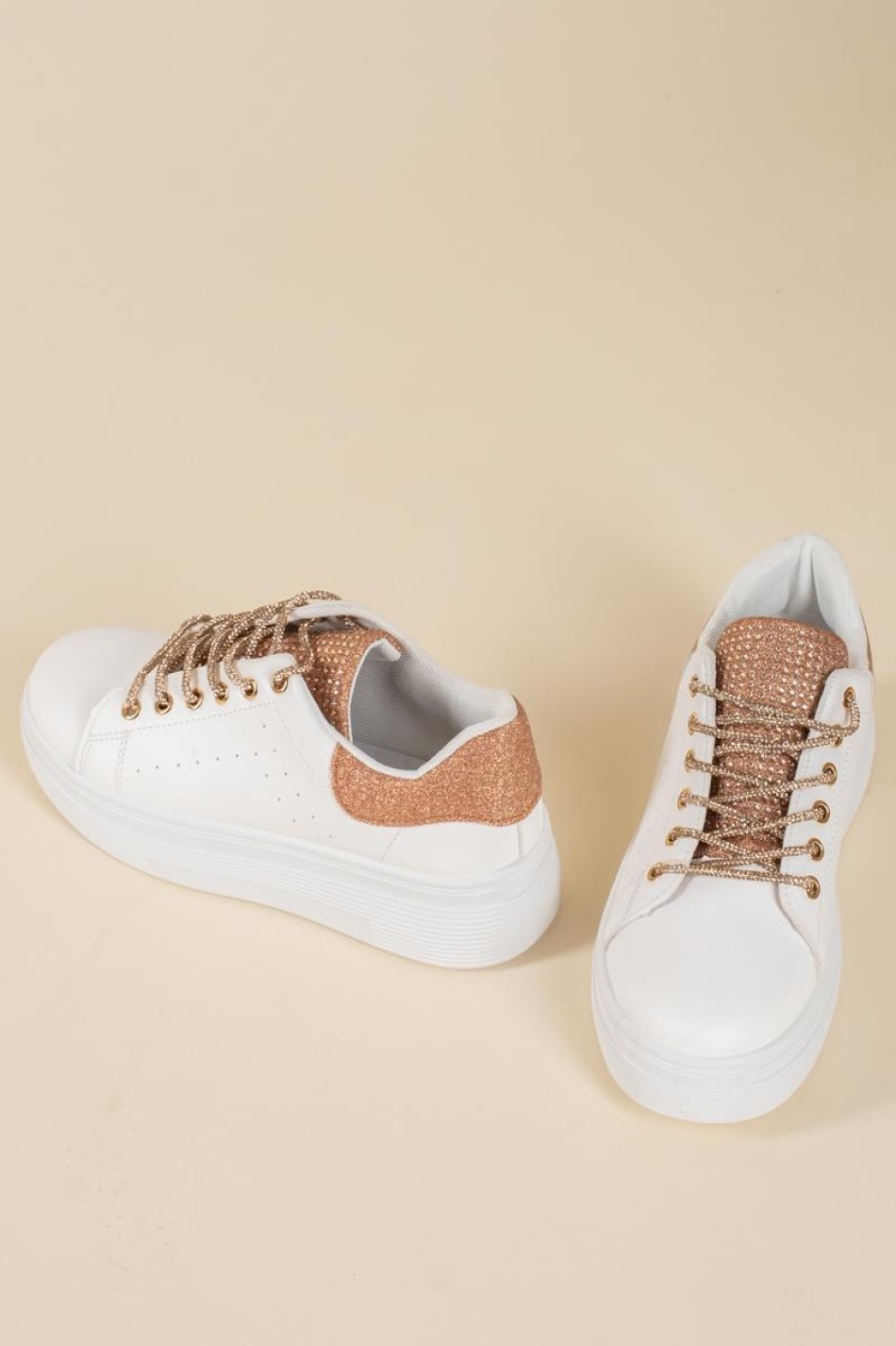 Δίσολα tennis sneakers με κορδόνια με στρας 431.OX23367-L ΑΣΠΡΟ/CHAMPAGNE