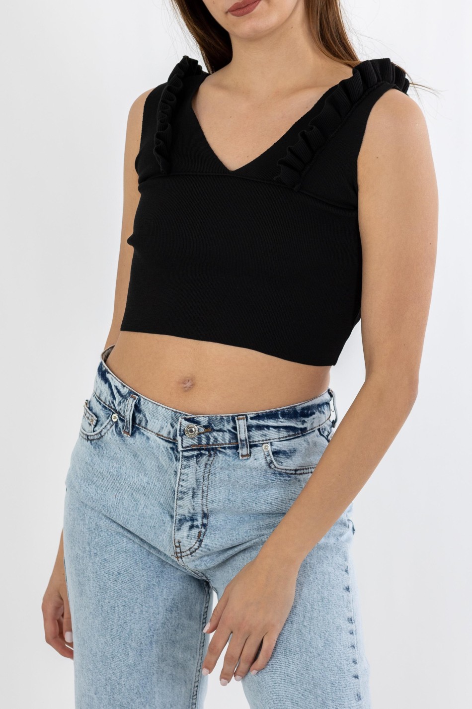 V-Cut Crop Top με Βολάν 402.0845-TOP ΜΑΥΡΟ