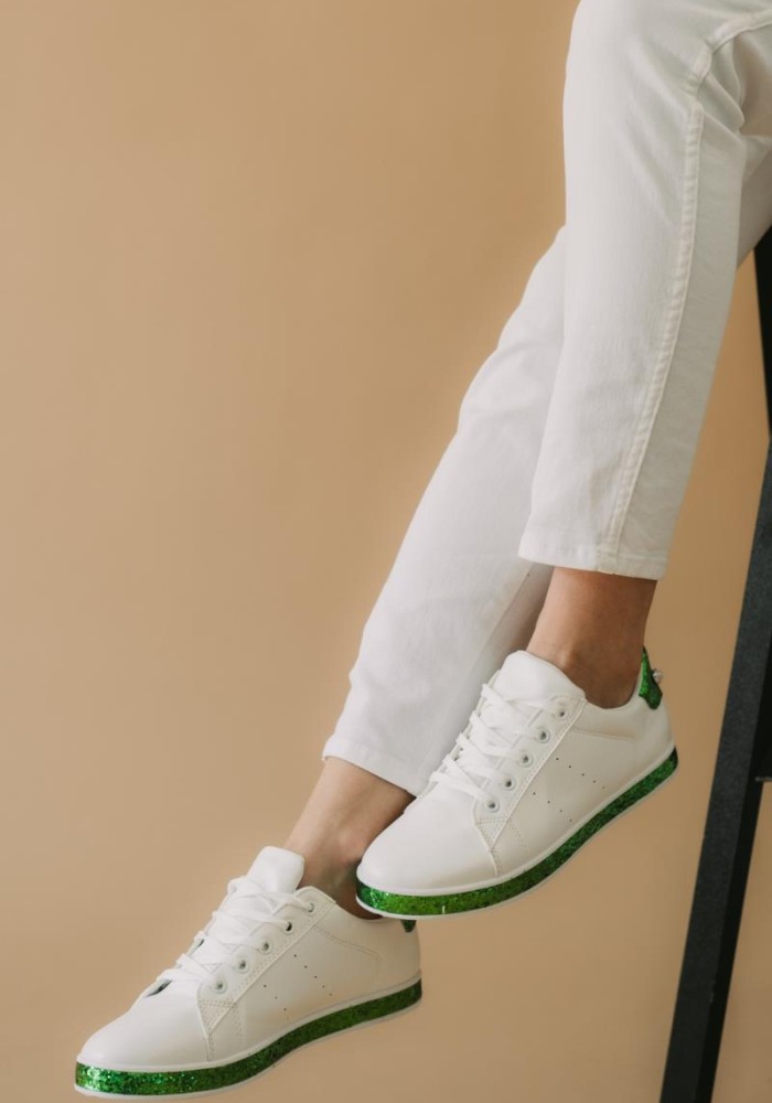 Tennis sneakers με glitter γύρω από την σόλα 330.D7984-L ΑΣΠΡΟ/ΠΡΑΣΙΝΟ