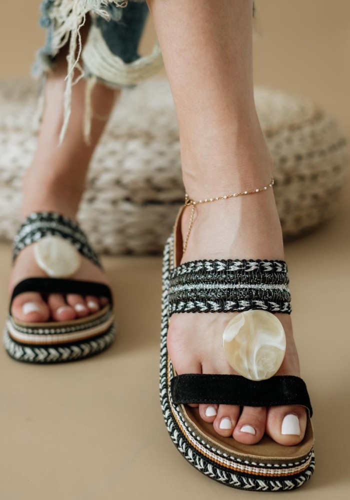 Boho style fussbett flatforms με διακοσμητικό 431.D0060-C ΜΑΥΡΟ