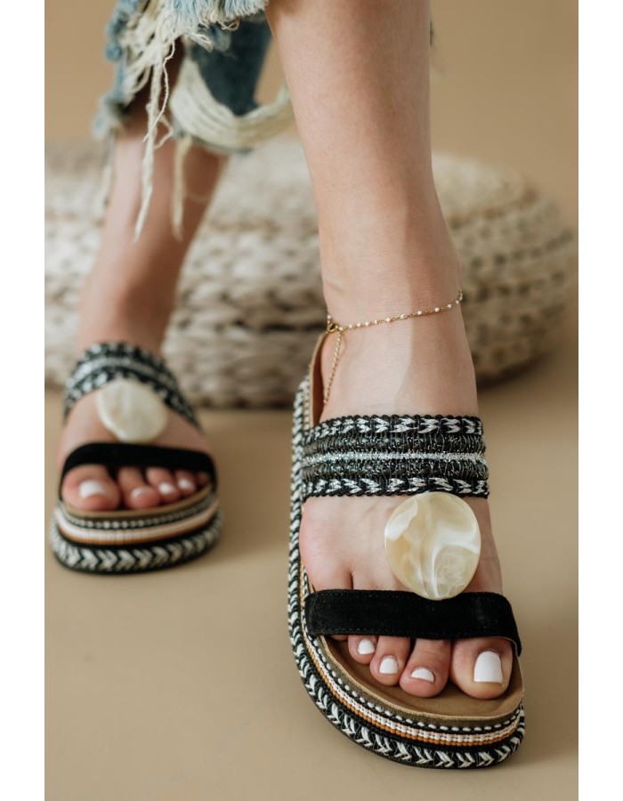 Boho style fussbett flatforms με διακοσμητικό 431.D0060-C ΜΑΥΡΟ