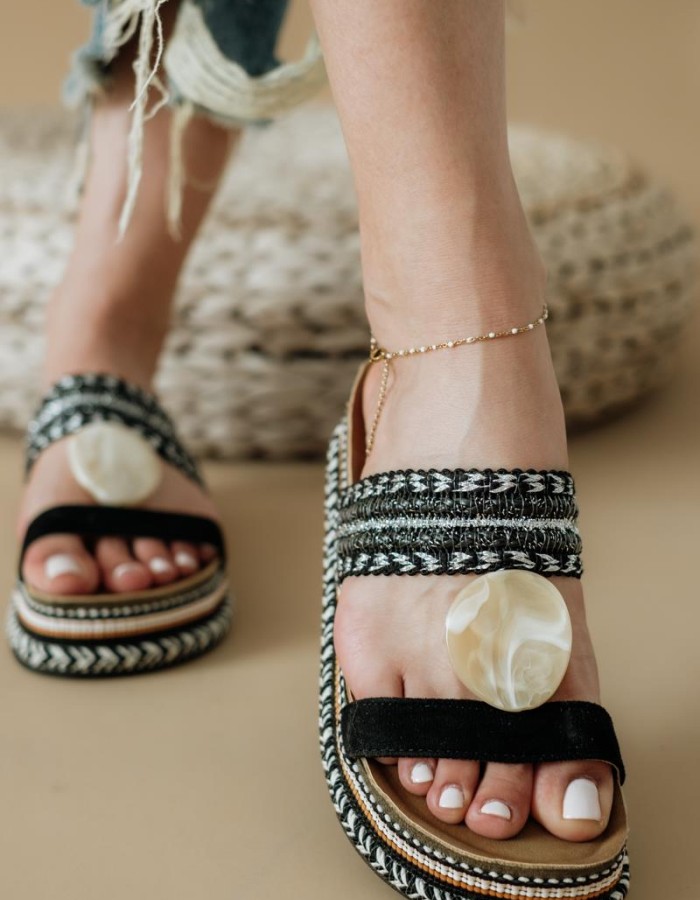 Boho style fussbett flatforms με διακοσμητικό 431.D0060-C ΜΑΥΡΟ